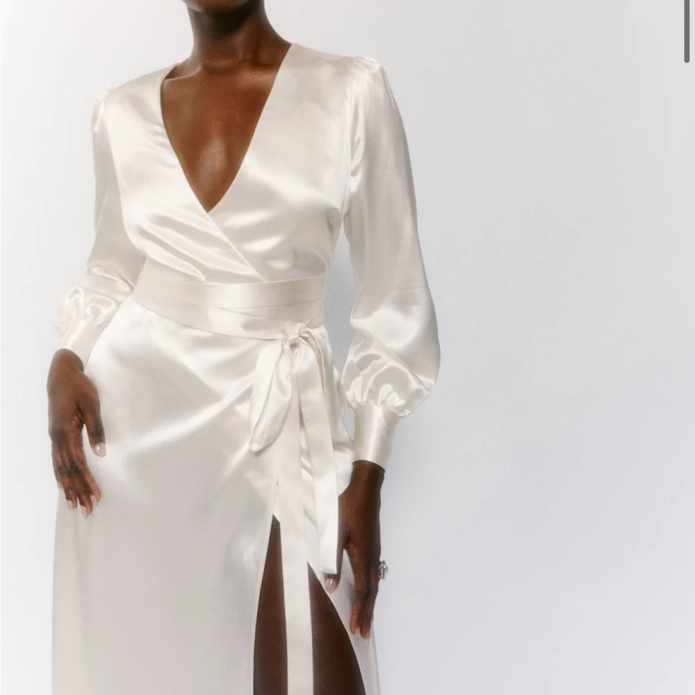 Reformation Rya Ivory Satin Long Sleeve Dress